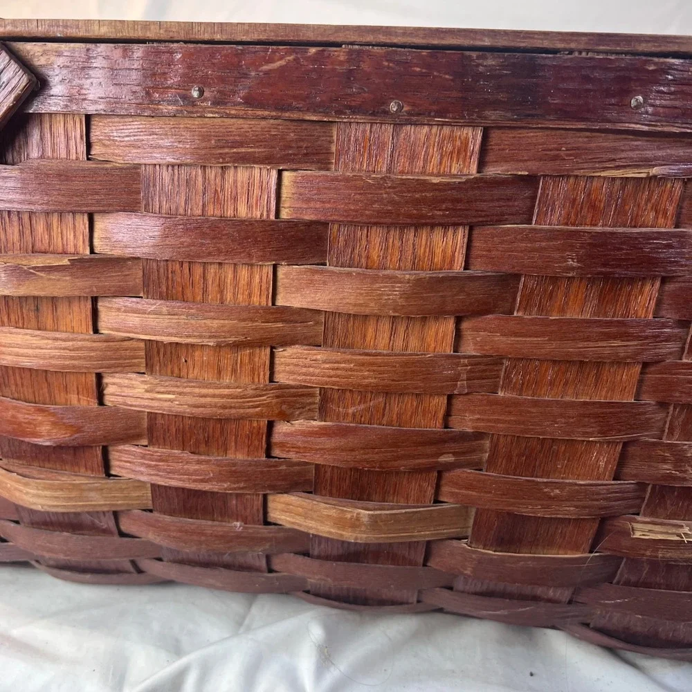 Vintage Woven Wood Picnic Basket Dual Handles Hinged Slatted Lid Large Rustic